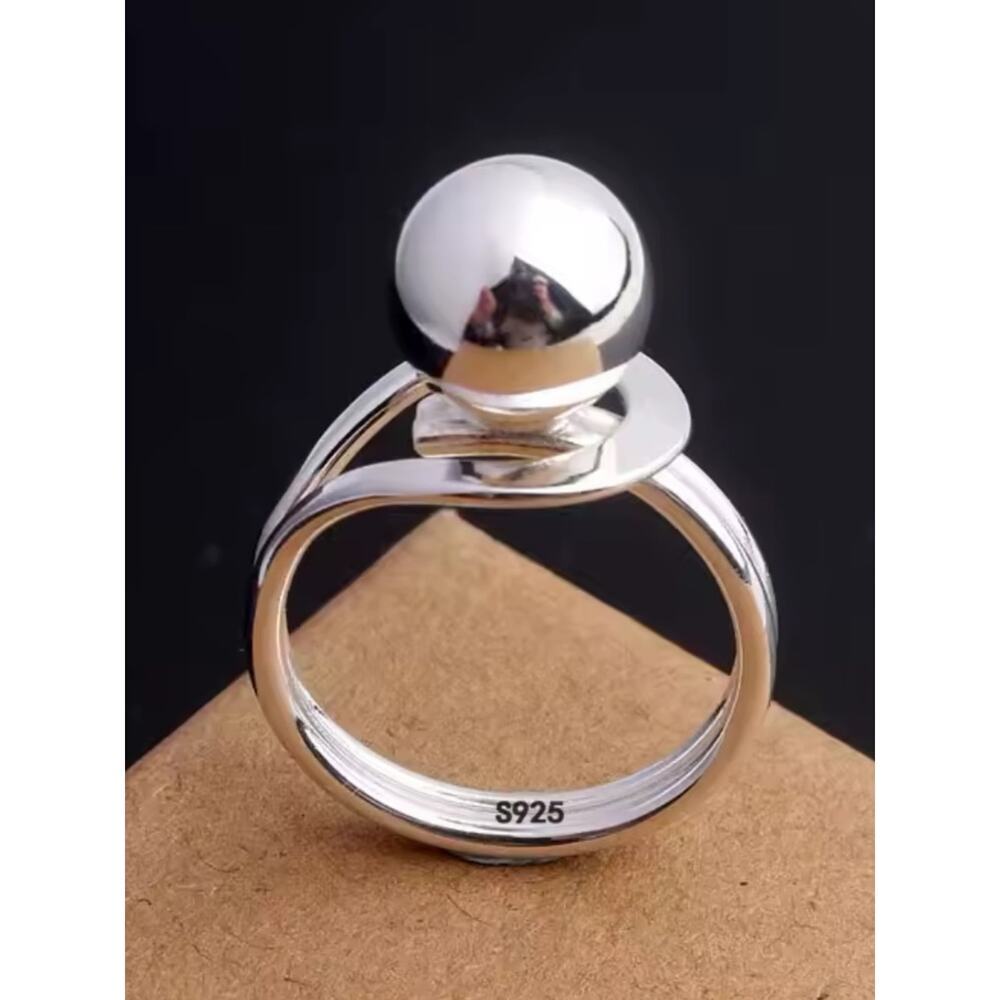 Sterling Silver Plated Ball Adjustable Sculptural Statement Ring